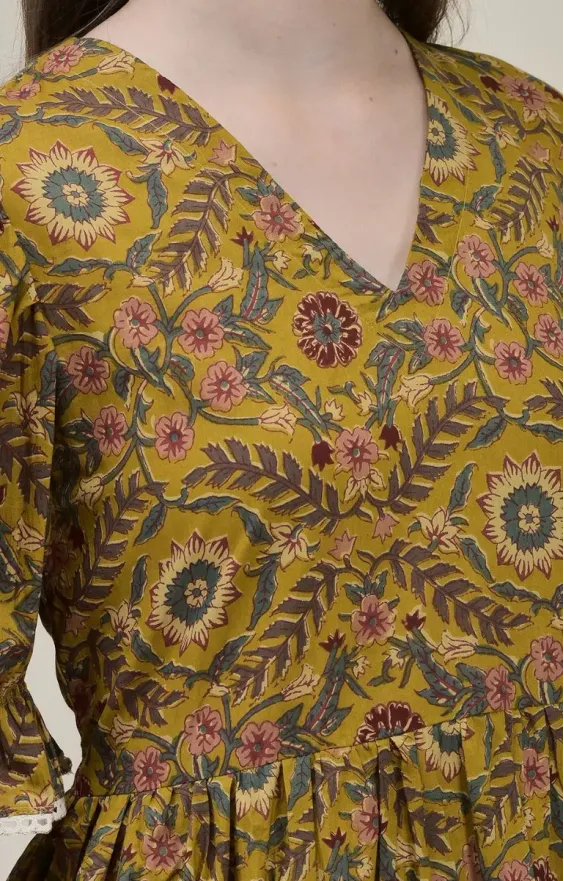 Mustard Yellow Hand-Block Printed Midi Dress