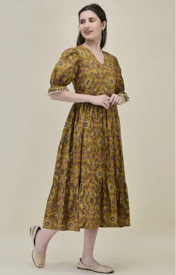 Mustard Yellow Hand-Block Printed Midi Dress