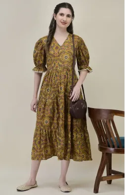 Mustard Yellow Hand-Block Printed Midi Dress