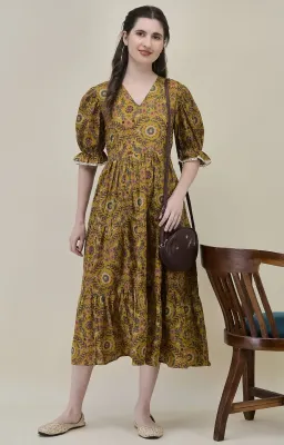 Mustard Yellow Hand-Block Printed Midi Dress
