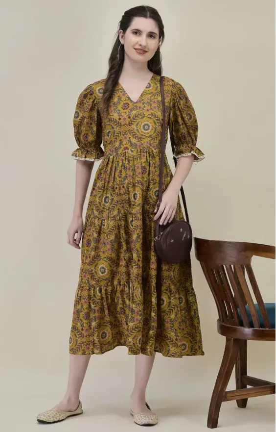 Mustard Yellow Hand-Block Printed Midi Dress