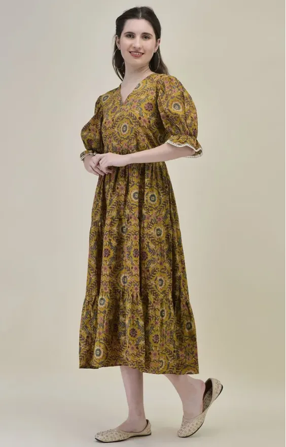 Mustard Yellow Hand-Block Printed Midi Dress