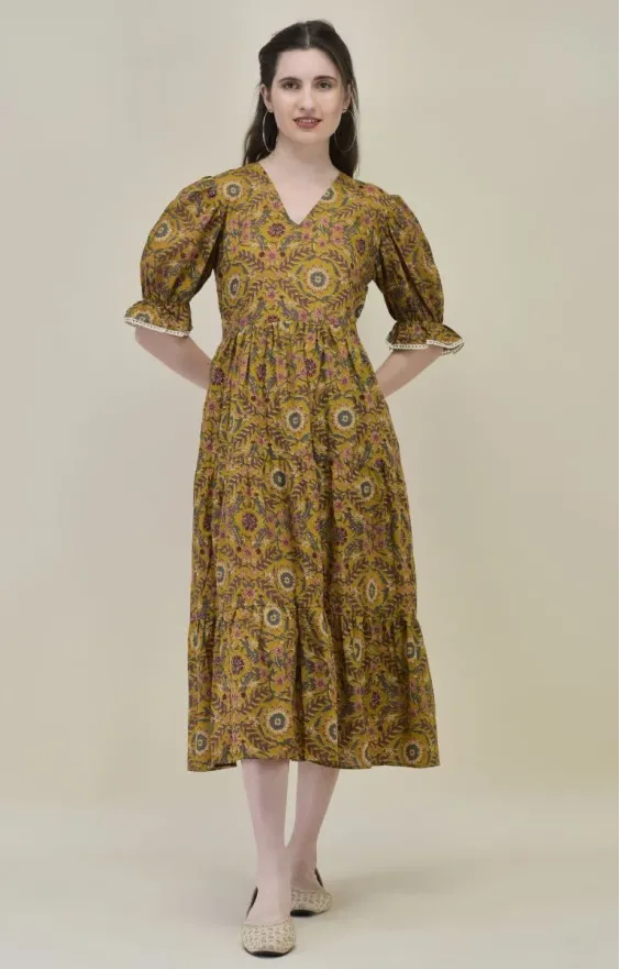 Mustard Yellow Hand-Block Printed Midi Dress