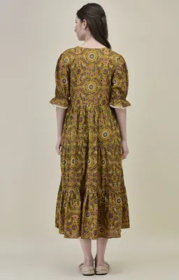Mustard Yellow Hand-Block Printed Midi Dress