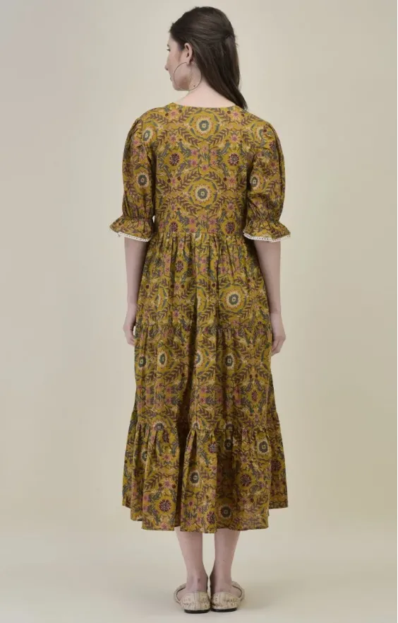 Mustard Yellow Hand-Block Printed Midi Dress