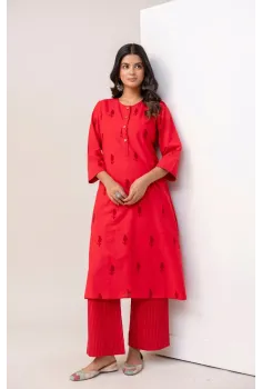 Red Cotton Hand Block Printed Co-ord Set