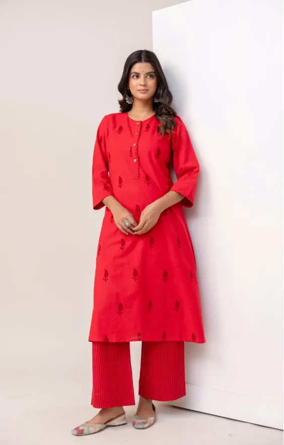 Red Cotton Hand Block Printed Co-ord Set
