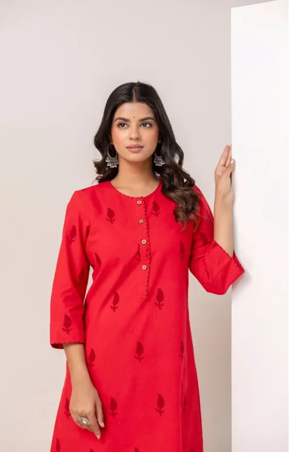 Red Cotton Hand Block Printed Co-ord Set