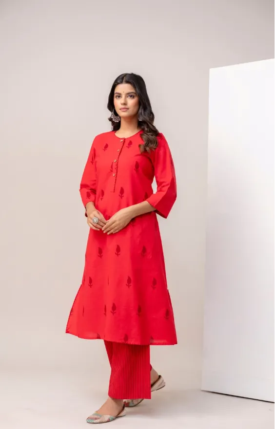Red Cotton Hand Block Printed Co-ord Set