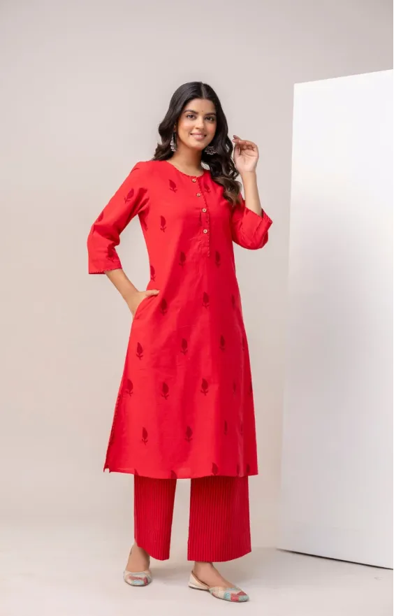 Red Cotton Hand Block Printed Co-ord Set
