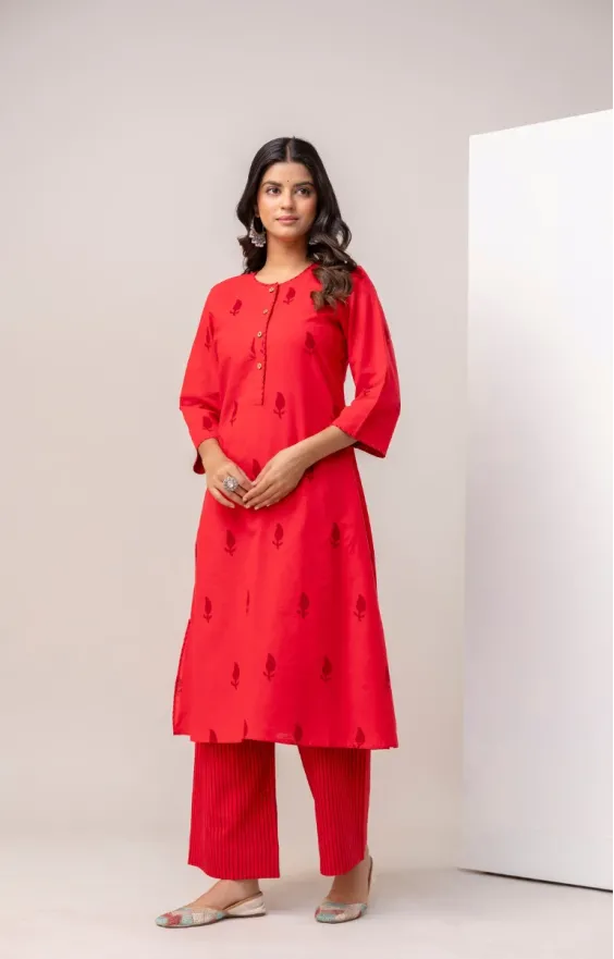 Red Cotton Hand Block Printed Co-ord Set