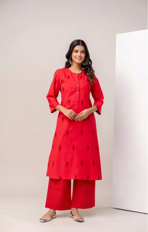 Red Cotton Hand Block Printed Co-ord Set