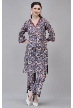 Dark Blue Cotton Hand Block Printed Co-ord Set