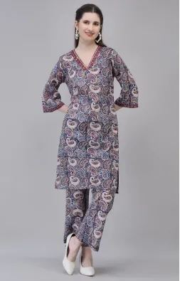 Dark Blue Cotton Hand Block Printed Co-ord Set