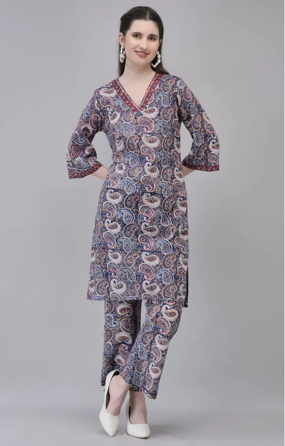 Dark Blue Cotton Hand Block Printed Co-ord Set