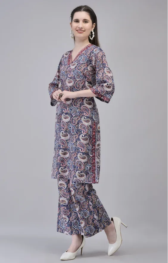 Dark Blue Cotton Hand Block Printed Co-ord Set