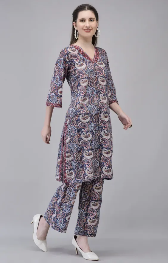 Dark Blue Cotton Hand Block Printed Co-ord Set