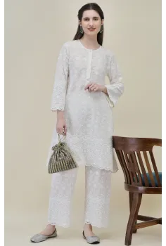 White Cotton Chikankari Co-ord Set for Women