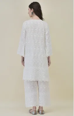 White Cotton Chikankari Co-ord Set for Women