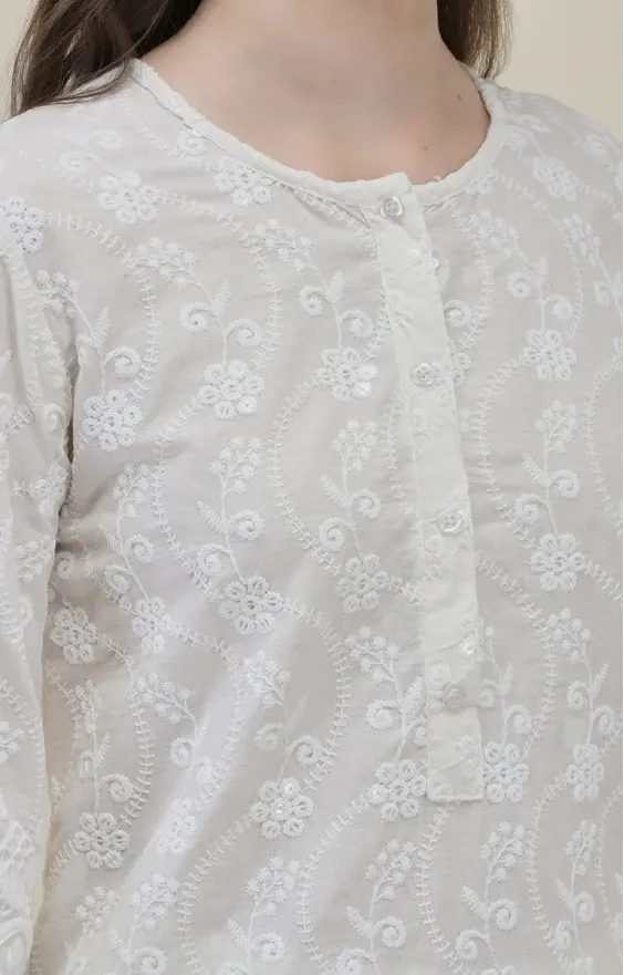 White Cotton Chikankari Co-ord Set for Women
