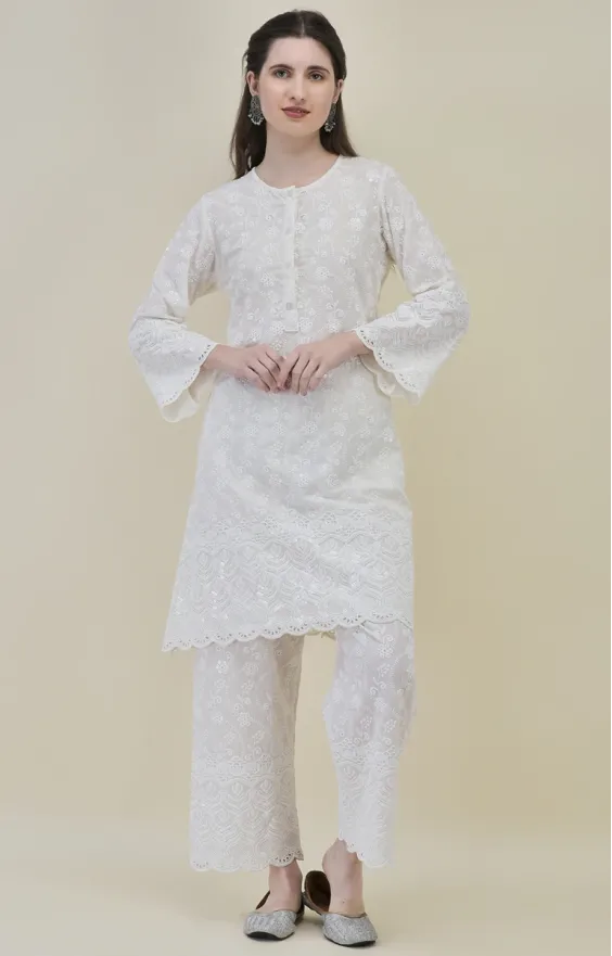 White Cotton Chikankari Co-ord Set for Women
