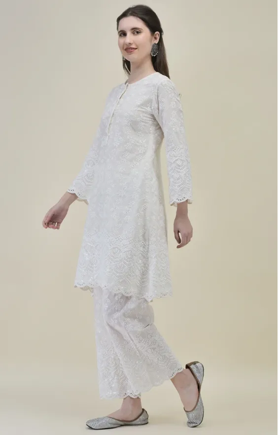 White Cotton Chikankari Co-ord Set for Women