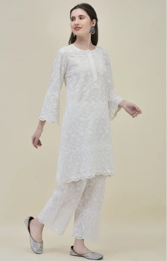 White Cotton Chikankari Co-ord Set for Women