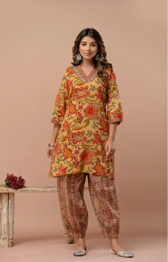 Golden Red V-neck Co-ord Set