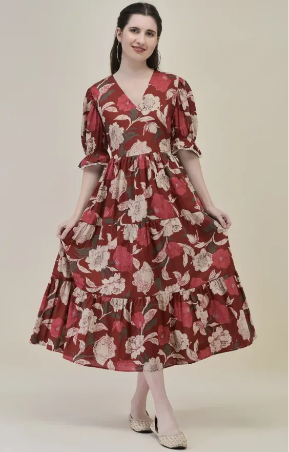 Three-Tiered Floral Midi Dress