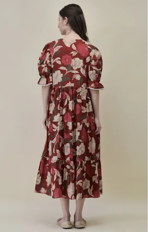 Three-Tiered Floral Midi Dress