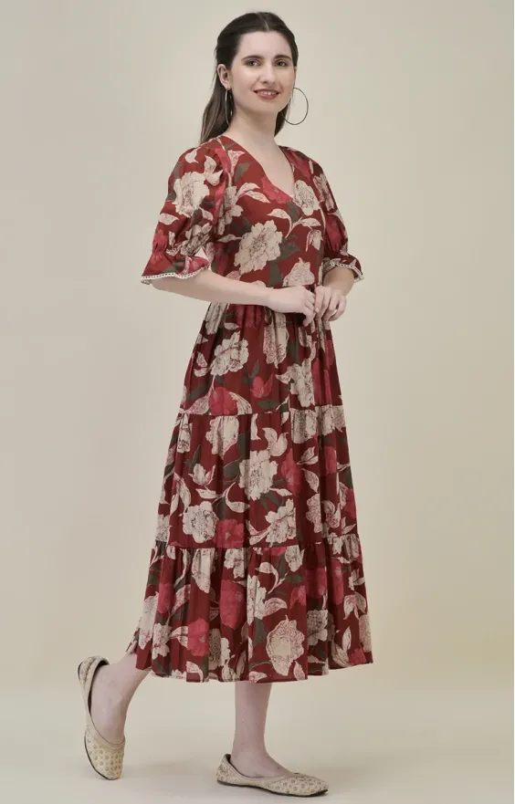 Three-Tiered Floral Midi Dress