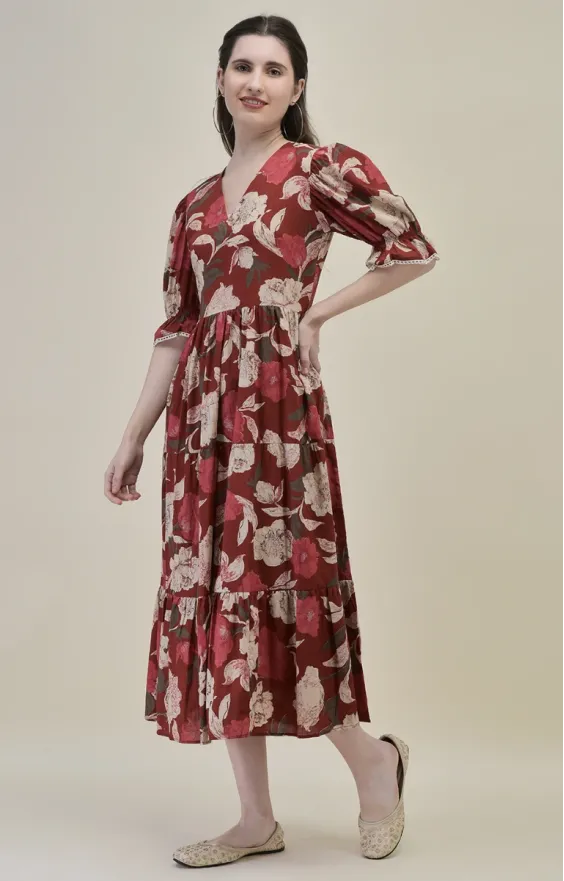 Three-Tiered Floral Midi Dress