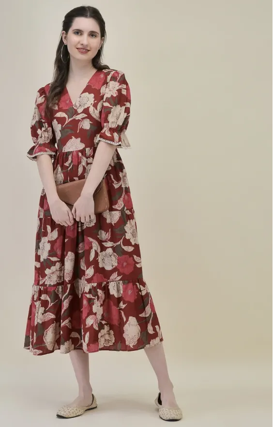 Three-Tiered Floral Midi Dress
