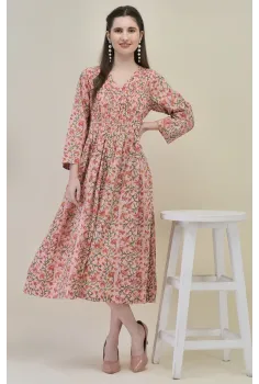 Peach Pink Hand Block Printed Dress