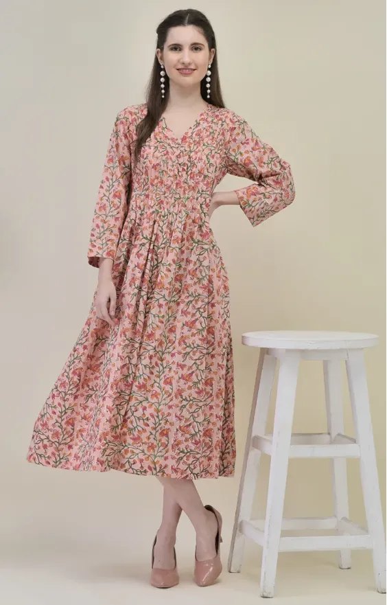 Peach Pink Hand Block Printed Dress