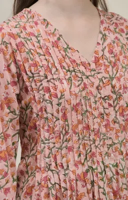 Peach Pink Hand Block Printed Dress