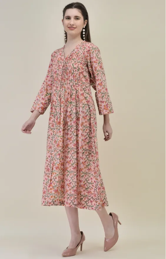 Peach Pink Hand Block Printed Dress