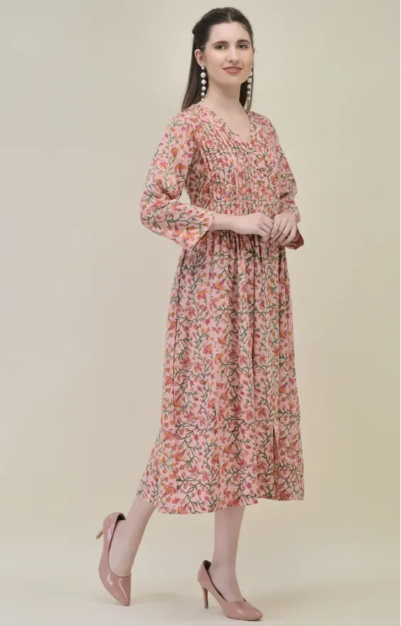 Peach Pink Hand Block Printed Dress
