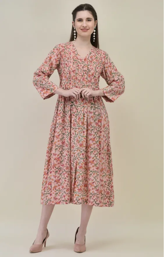 Peach Pink Hand Block Printed Dress
