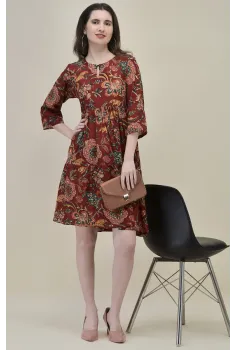 Bahar Maroon Floral Frill Dress