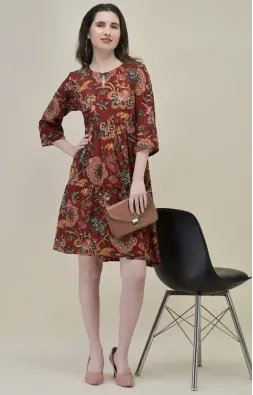 Bahar Maroon Floral Frill Dress