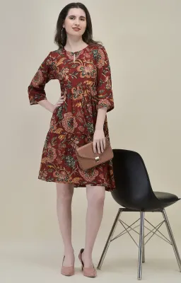 Bahar Maroon Floral Frill Dress