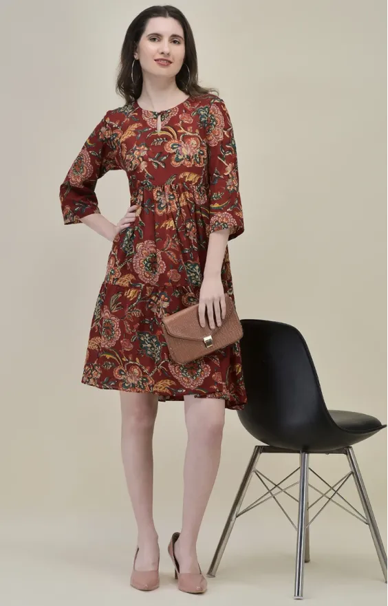 Bahar Maroon Floral Frill Dress