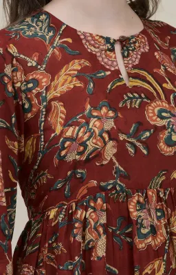 Bahar Maroon Floral Frill Dress