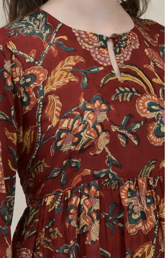 Bahar Maroon Floral Frill Dress