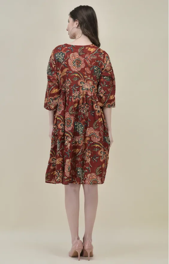 Bahar Maroon Floral Frill Dress