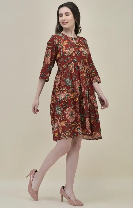 Bahar Maroon Floral Frill Dress