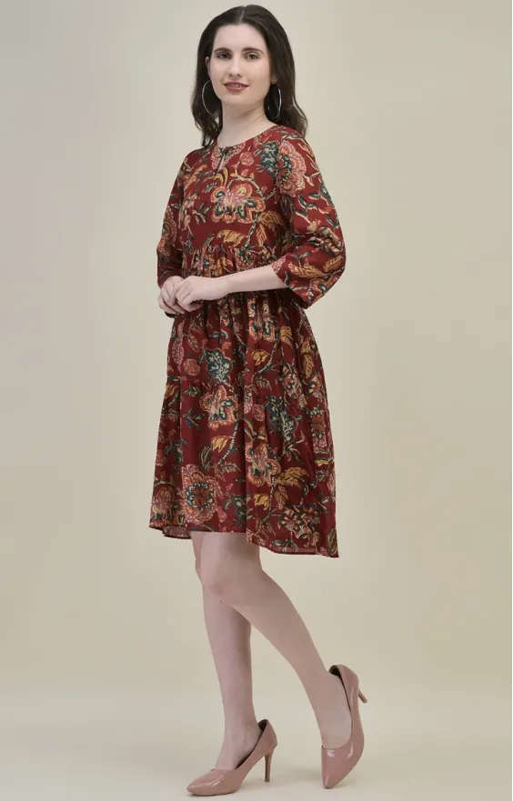 Bahar Maroon Floral Frill Dress