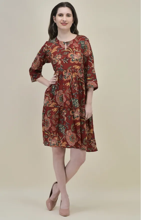 Bahar Maroon Floral Frill Dress