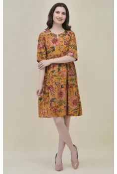 Mustard Yellow Hand-Block Floral Frill Dress
